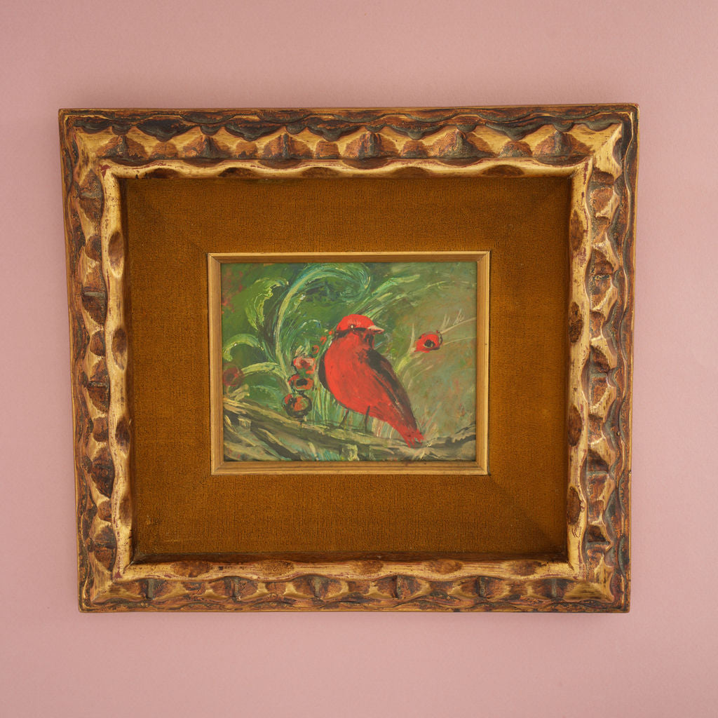 Red Bird on Branch Original Framed Vintage Art