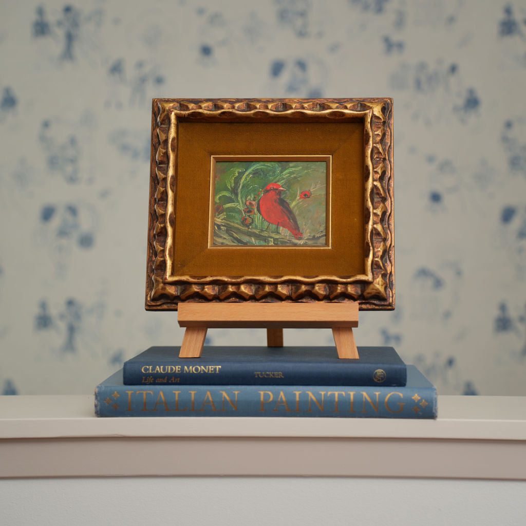 Red Bird on Branch Original Framed Vintage Art