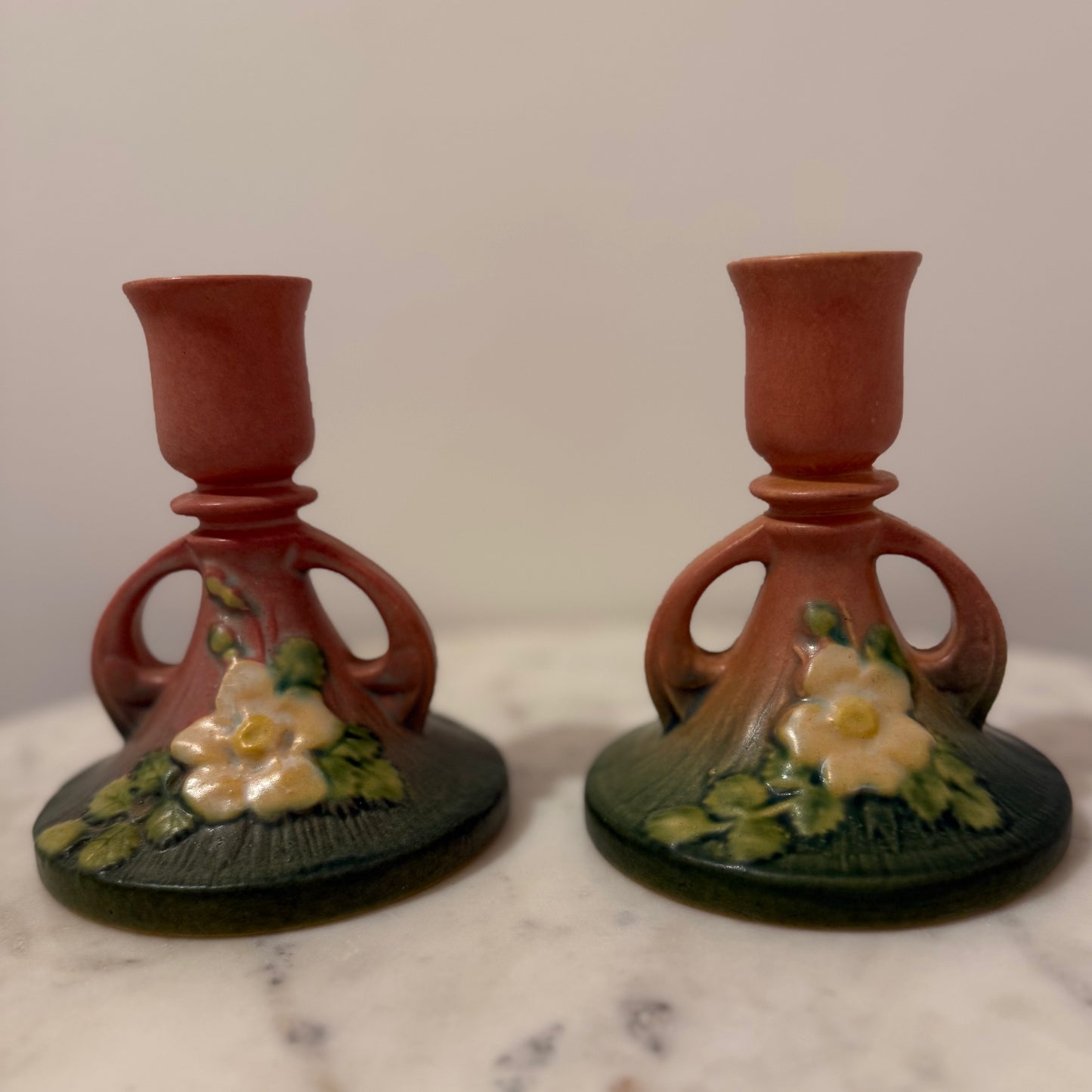 Roseville Pottery White Rose Candlestick Pair