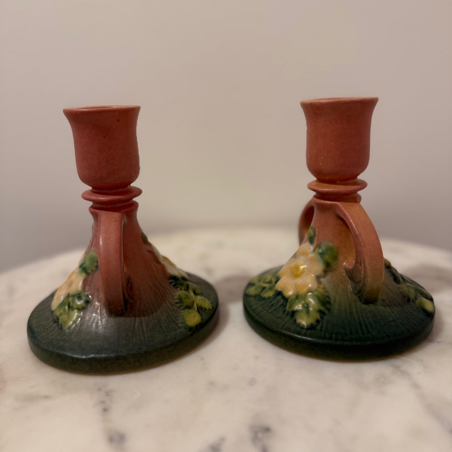 Roseville Pottery White Rose Candlestick Pair