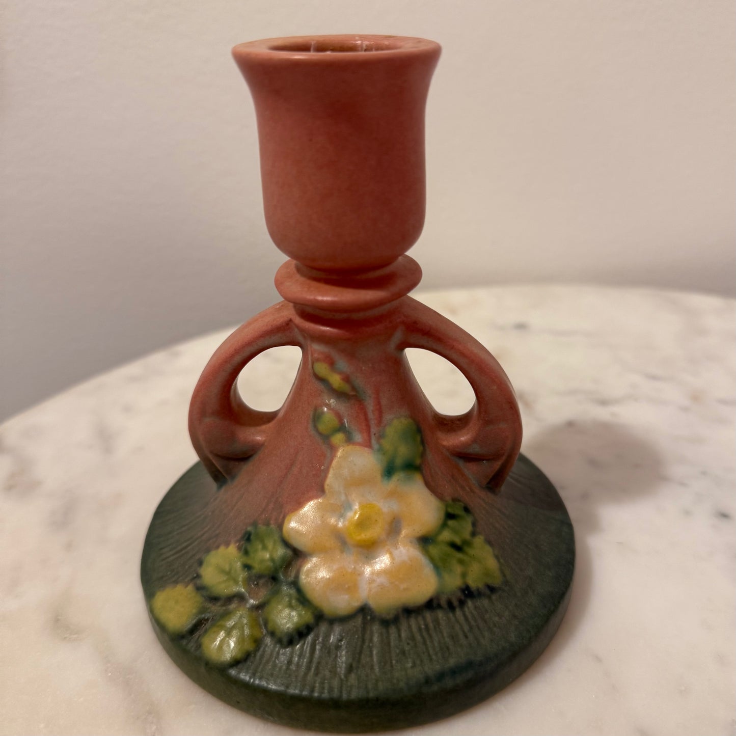 Roseville Pottery White Rose Candlestick Pair