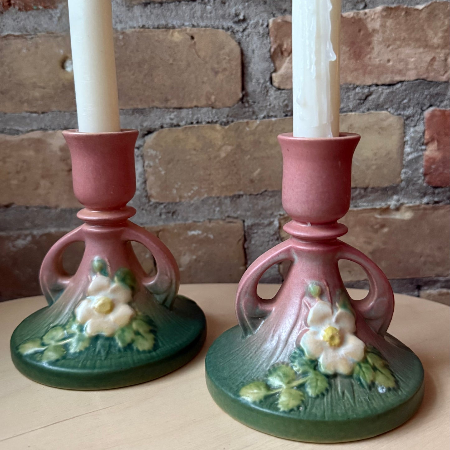 Roseville Pottery White Rose Candlestick Pair